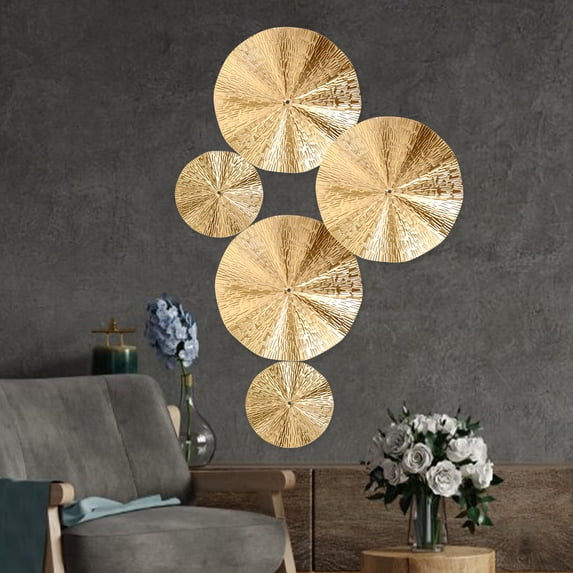 Homoyoyo Set of 6 Golden Sunburst Metal Wall Art Sculptures for Living Room Home Decor Modern Disc Design