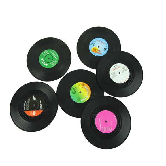 Homoyoyo 6Pcs Music Coasters for Drinks Fitting Glass Retro Vinyl Disk Coasters Black PVC Material