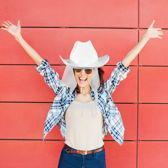 Homoyoyo Beautiful White Cowgirl Hat With Veil Lightweight And Portable Dress Up Party Accessory For Elegant Style