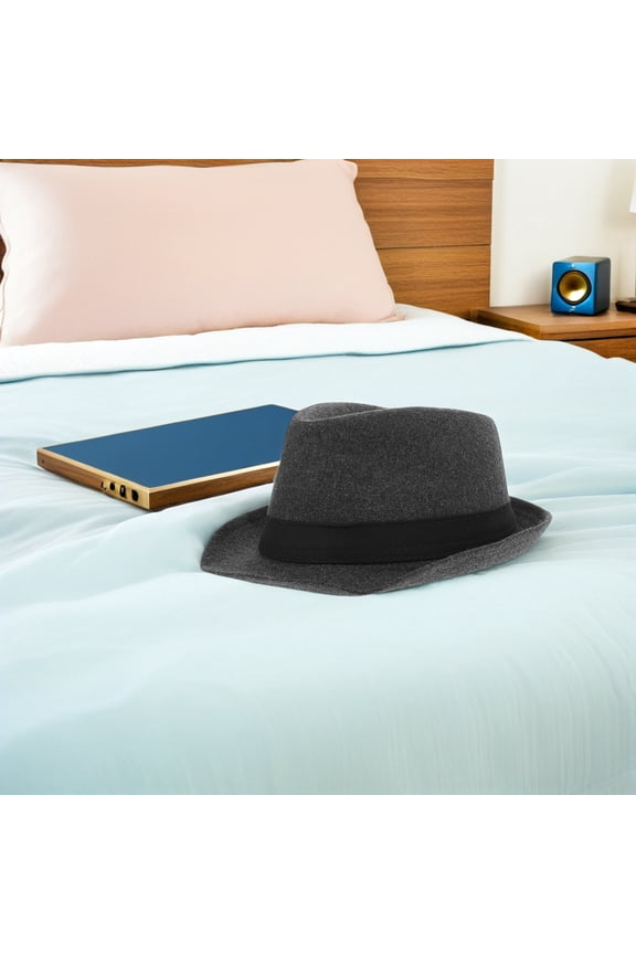 Men's Fedora Hat Dark Grey Flat Top with Wide Brim, Cotton Polyester Blend Stylish Design
