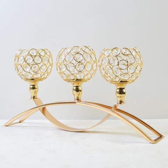 Homoyoyo Vintage Style Golden Metal Crystal Three-Arm Candlestick Holder