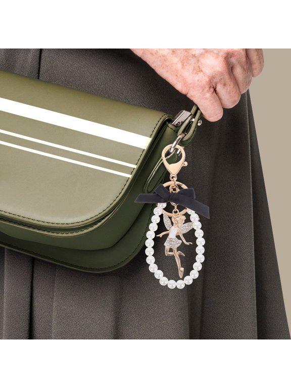 Fashionable Black Bowknot Keychain with Angel Pendant and Faux Pearls for Bag Charm