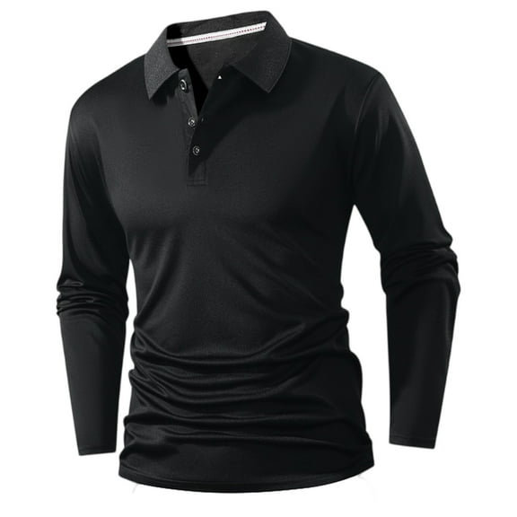 Homozy Big and Tall Polo Shirts for Men Long Sleeve Henley Shirts Button Collared Trendy Lightweight Spring Fall Tops Black L