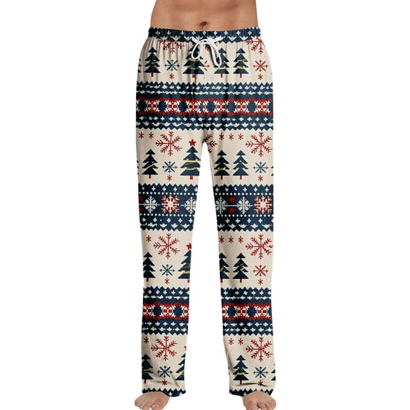 Homozy Christmas Pajama Pants Men Christmas Snowflake Printed S-2xl Pj Pants Casual Drawstring Elastic Waist Pajama Bottoms Khaki M