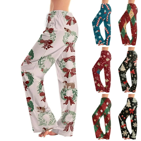 Homozy Christmas Womens Pajama Pants Christmas Snowflake Print Drawstring Wide Leg Casual Loose Cute Cartoon Pj Pants Pink S