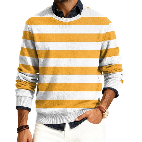 Homozy Color Block Brown Sweater Mens Long Sleeve Crewneck Knit Striped Fall Winter Mens Sweater Yellow XL
