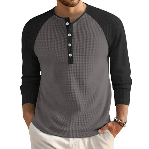 Homozy Fall Workout Shirts for Men Button Crew Neck Long Sleeve Color Block Tshirts Button Tee Shirt Basic Athletic Tops Dark Gray M