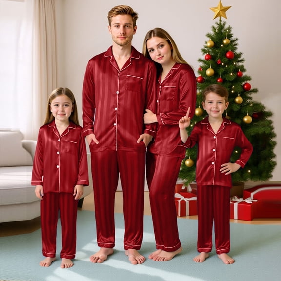Homozy Family Pajamas Matching Sets Silk Satin Holiday 2026 Long Sleeve Button Down Comfy Loungewear Sets,(Wine-Women,S)