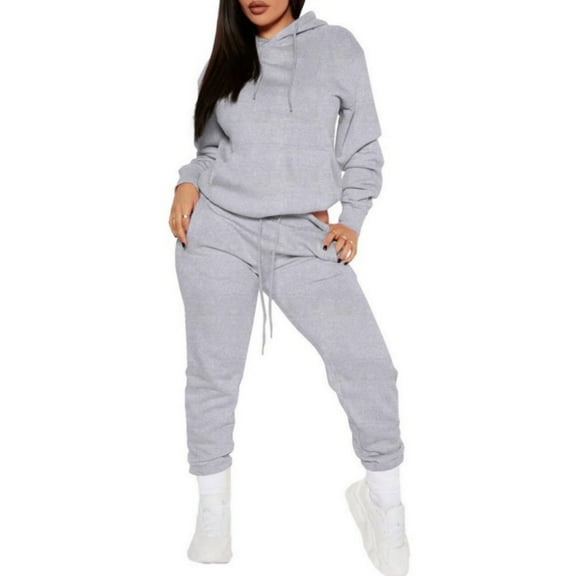Homozy Fleece Lined Womens 2 Piece Outfits Oversized Hoodies Trendy Solid Color Hoodie Sweatshirt and Waist Drawstring Sweatpants Long Sleeve Fall Winter Outfits with Pockets Light Gray M