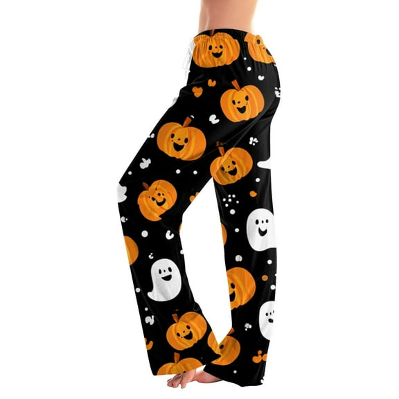 Homozy Halloween Pajama Pants Women Pumpkin Cute Print Lounge Pants Lounge Pant Wide Leg Drawstring Bottoms Saffron L