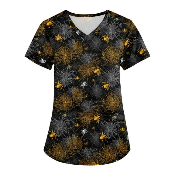Homozy Halloween Pumpkin Womens Graphic Scrub Tops Plus Size Short Sleeve Nurse Tops with Pockets Scrub Workwear Uniform Nurse Tops Yellow 2XL