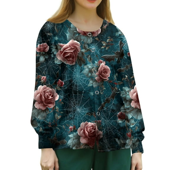 Homozy Halloween Scrub Jackets for Woman Long Sleeve Button Down Scrub Jackets with Pockets Halloween Costumes Woman 2025 Loose Fit Nurse Scrub Turquoise M