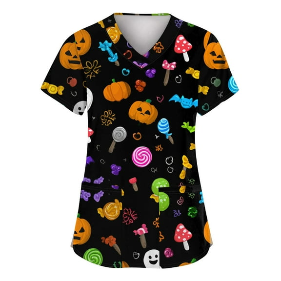 Homozy Halloween Scrub Tops for Women Plus Size Short Sleeve with Pockets Pumpkin Loose Fit Nurse Graphic Scrub Womens Blue L