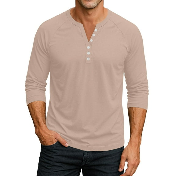 Homozy Henley Shirts for Men Big and Tall, Fall Crewneck Slim Fit 3/4 Sleeve T Shirts for Men, Casual Baseball Button Tee Shirt