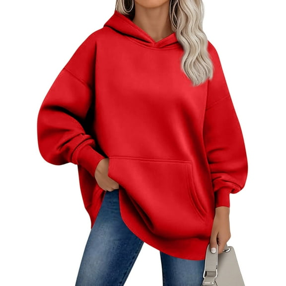 Homozy Hoodie for Women Long Sleeve Fleece Solid Color Hoodie Lightweight Casual Pullover Hoodies Red 2XL