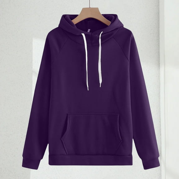 Homozy Hoodies for Women Trendy Long Sleeve Fleece Solid Color Hoodie Loose Graphic Pullover Basic Hoodies Purple 2XL