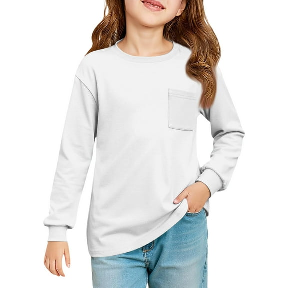 Homozy Long Sleeve Girls Crewneck T Shirts with Pockets Solid Color Fall Spring Tee Casual Basic Trendy Shirts White 7-8 Y