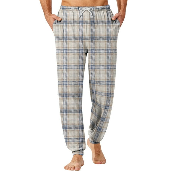 Homozy M-3xl Plaid Joggers Pj Pants Men Elastic Waist Drawstring Loose Fit Mens Pajama Pants Drawstring Lounge Sleep Pants with Pockets Beige L