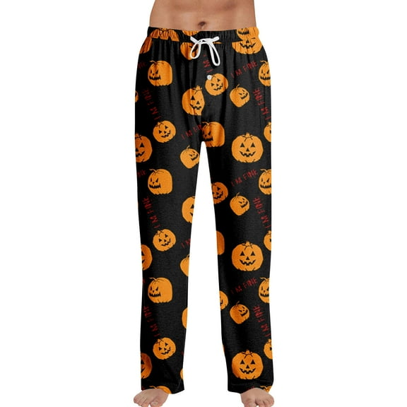 Homozy Mens Pajama Pants Halloween Pumpkin Casual Cartoon Printed Pajama Pants Mens Sleepwear Pajama Bottom Black M