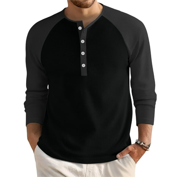 Homozy Mens Slim Fit T Shirts Button Crew Neck Long Sleeve Color Block Tshirts Athletic Jerseys Tee Shirt Black 3XL