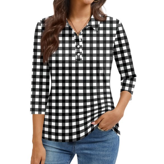 Homozy Plaid 3/4 Length Sleeve Womens Tops V Neck Collared Womens Henley Tops Three Quarter Length Sleeve Spring Summer Fashion Outfit