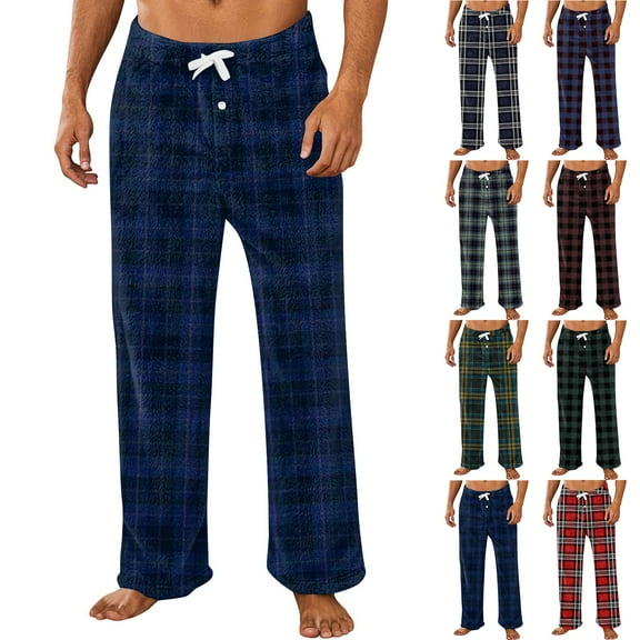 Homozy Plaid Men's Home Pajamas Bottoms Flannel Warm Pj Pants with Pockets Wide Leg Lounge Bottoms Casual Drawstring Baggy Loose Pj Pants Navy XL