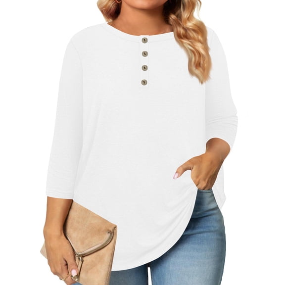 Homozy Plus Size Tops for Women 3/4 Sleeve Shirts Crewneck Button Blouses Tunic Top Fall Spring Summer 2025(L-5XL Oversized)