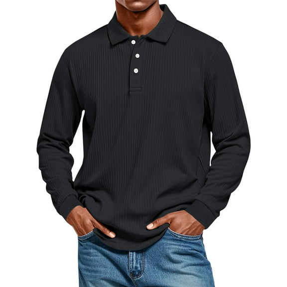 Homozy Polo Shirts for Men Loose Fit Turn-Down Button Collar Long Sleeve Tshirts Casual Fall Spring Button T-Shirt Black S
