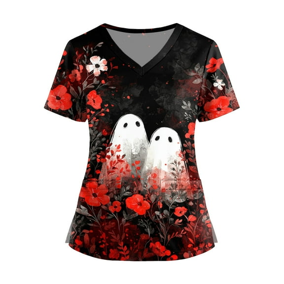 Homozy Pumpkin Scrub Tops Womens Halloween V Neck Short Sleeve with Pockets Halloween Costumes Lighweight Nurse Tops Scrubs Red 2XL