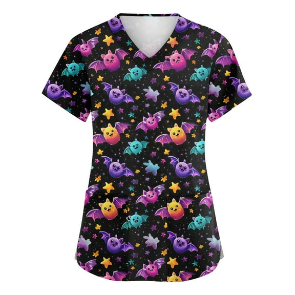 Homozy Pumpkin Scrub Tops Womens Halloween V Neck Short Sleeve with Pockets Halloween Costumes Thanksgiving Fall Scrub Working Uniform Purple 2XL