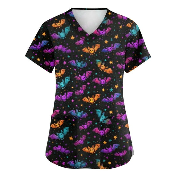 Homozy S-5xl Plus Size Womens Scrub Tops Halloween V Neck Short Sleeve with Pockets Halloween Costumes for Women Adult Lighweight Novelty Fall Nurse Scrub Purple 4XL