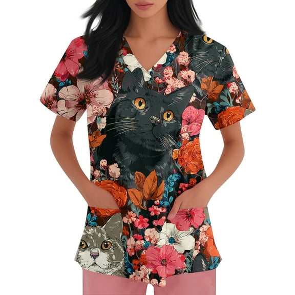 Homozy Scrub Tops Women V Neck Short Sleeve Plus Size Scrubs for Womens Nursing Uniforms Shirts with Pockets Purple Pink L