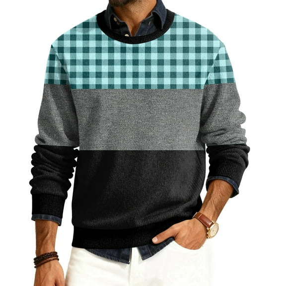 Homozy Striped Long Sleeve Sweater Men Long Sleeve Crew Neck Knit Plaid Mens Oversized Sweater Gray XL