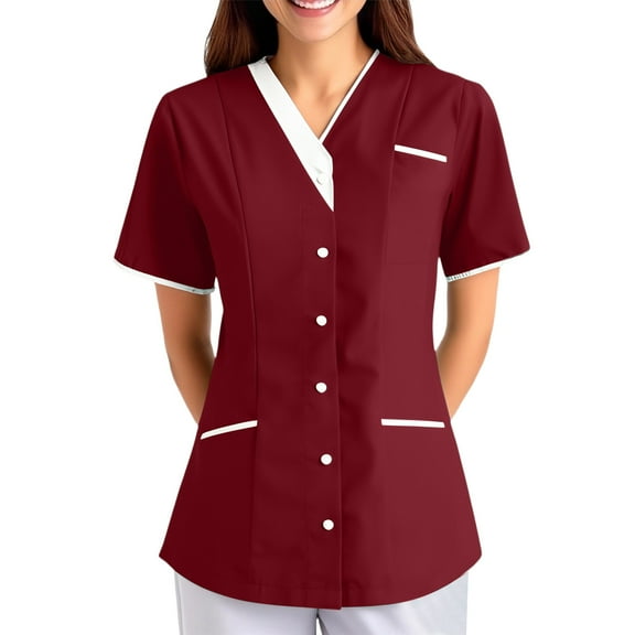 Homozy V Neck Scrub Tops for Women Plus Size S-2xl Short Sleeve Snap Front Nursing Scrub Tops with Pockets Casual Basic Solid Color Scrub Shirts Wine 2XL