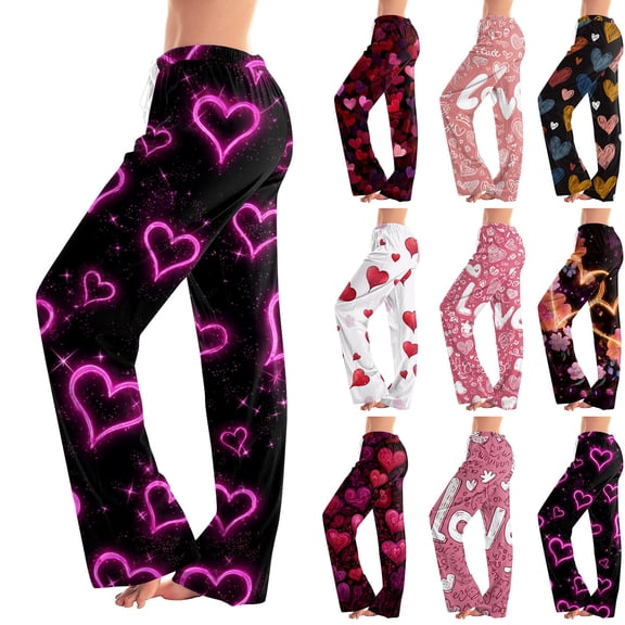 Homozy Valentines Day Pajama Pants Women Love Heart Print Pj Pants Women Drawstring Elastic Waist Straight Leg Pj Bottoms Women