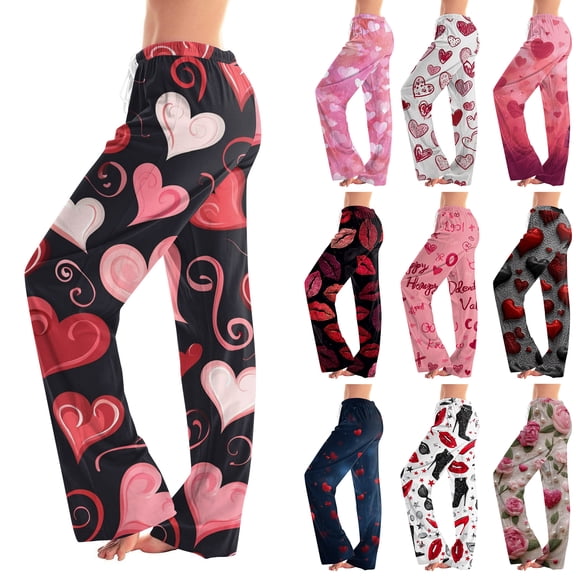 Homozy Valentines Day Pajamas Pants Women Love Heart Print Pj Pants Women Drawstring Elastic Waist Straight Leg Pj Bottoms Women