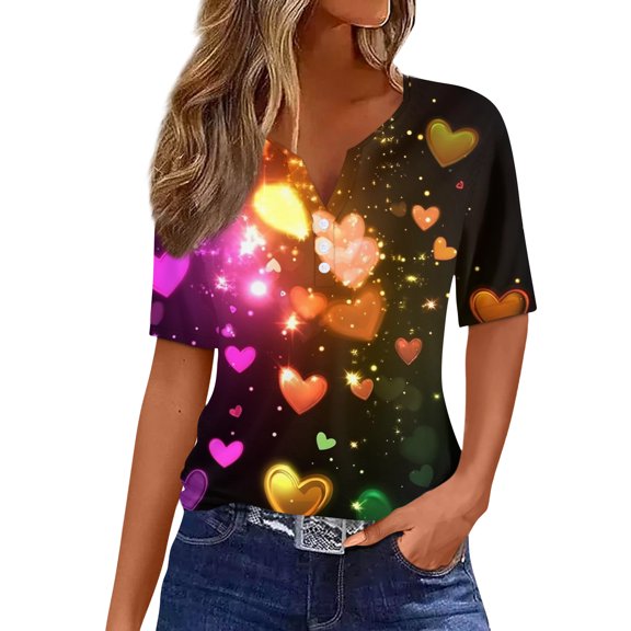 Homozy Valentines Shirts for Women Button Henley V Neck Short Sleeve Tops for Women Comfy Tunic Tops Love Heart Print Blouses for Women