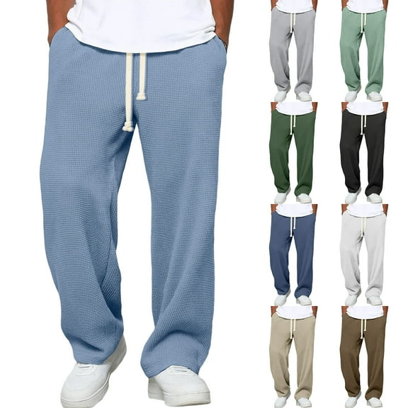 Homozy Waffle Baggy Sweatpants Men Elastic Waist Baggy Pants Solid Color Wide Leg Trousers Loose Fit Lightweight Breathable Hiking Sweatpants Brown L