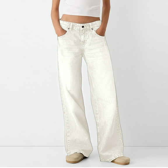 Homozy White Jeans for Women Trendy High Waisted Denim Pants Casual Fall Spring Straight Wide Leg Baggy Jeans with Pockets White M