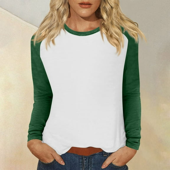Homozy Women Raglan Shirts Long Sleeve Round Neck Tunic Tops Casual Crewneck Color Block Tee Top Dark Green L