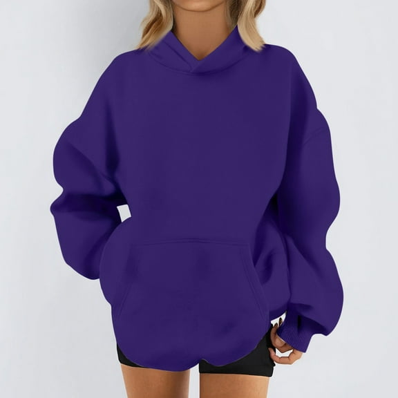 Homozy Women's Fleece Hoodie Long Sleeve Fleece Soft Hoodie with Kangaroo Pockets Loose Fit Pullover Solid Color Basic Hooded Sweatshirts Dark Purple 2XL