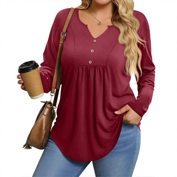 Homozy Women's Plus Size Tops Long Sleeve V Neck Blouse Casual Loose Fit Fall Trendy Basic Shirts Wine 4XL