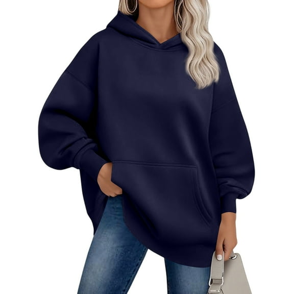 Homozy Womens Hoodies Long Sleeve Fleece Soft Hoodie with Kangaroo Pockets Loose Fit Pullover Solid Color Basic Hooded Sweatshirts Navy S