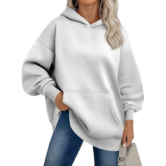 Homozy Womens Hoodies Long Sleeve Fleece Soft Hoodie with Kangaroo Pockets Loose Fit Pullover Solid Color Basic Hooded Sweatshirts White S