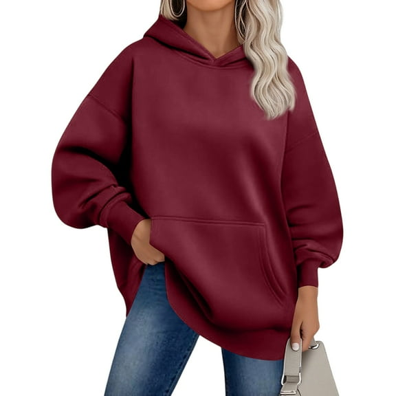 Homozy Womens Hoodies Long Sleeve Fleece Soft Hoodie with Kangaroo Pockets Loose Fit Pullover Solid Color Basic Hooded Sweatshirts Wine M