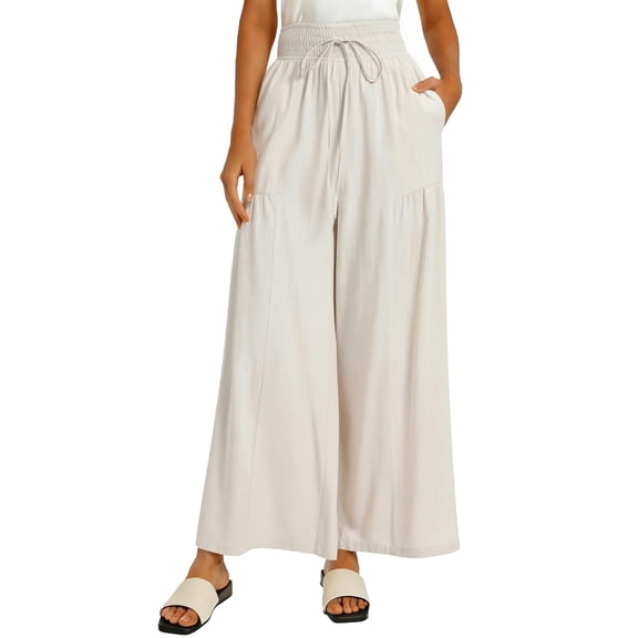 Homozy Womens Palazzo Pants Summer High Waist Boho Wide Leg Casual Flowy Pants Beach Vacation Outfits with Pockets,Beige S