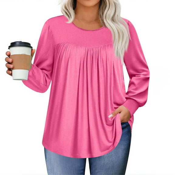 Homozy Womens Plus Size Fall Winter Tops Long Sleeve Going Out Tops Casual Loose Fit Fall Trendy Basic Blouse Hot Pink 3XL