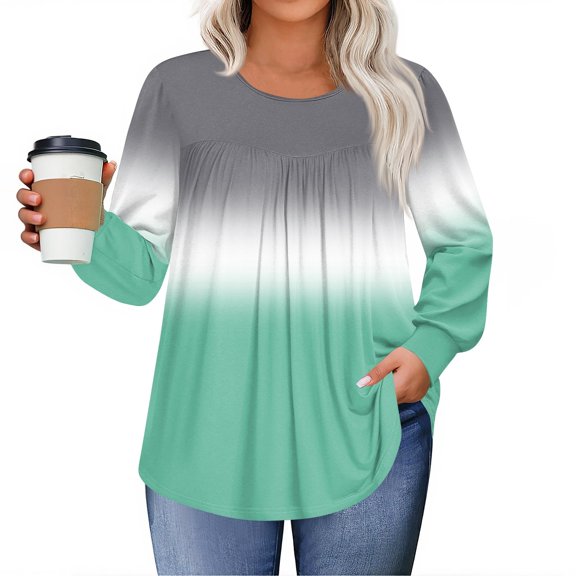 Homozy Womens Plus Size Fall Winter Tops Tie-Dye Gradient Loose Fit Long Sleeve Pleated Shirts Casual Loose Fit Fall Trendy Basic Blouse Mint Green XL