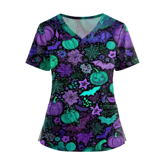 Homozy Womens Scrub Tops Halloween V Neck Short Sleeve with Pockets Plus Size Halloween Costumes Woman 2025 Casual Loose Fall Holiday Outfit Work Uniform Purple XL