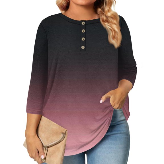 Homozy Womens Tunic Tops 3/4 Sleeve Plus Size Crew Neck Loose Fit Shirt Blouses with Button Gradient Tie-Dye Tops and Blouse (L-5XL Large Size)